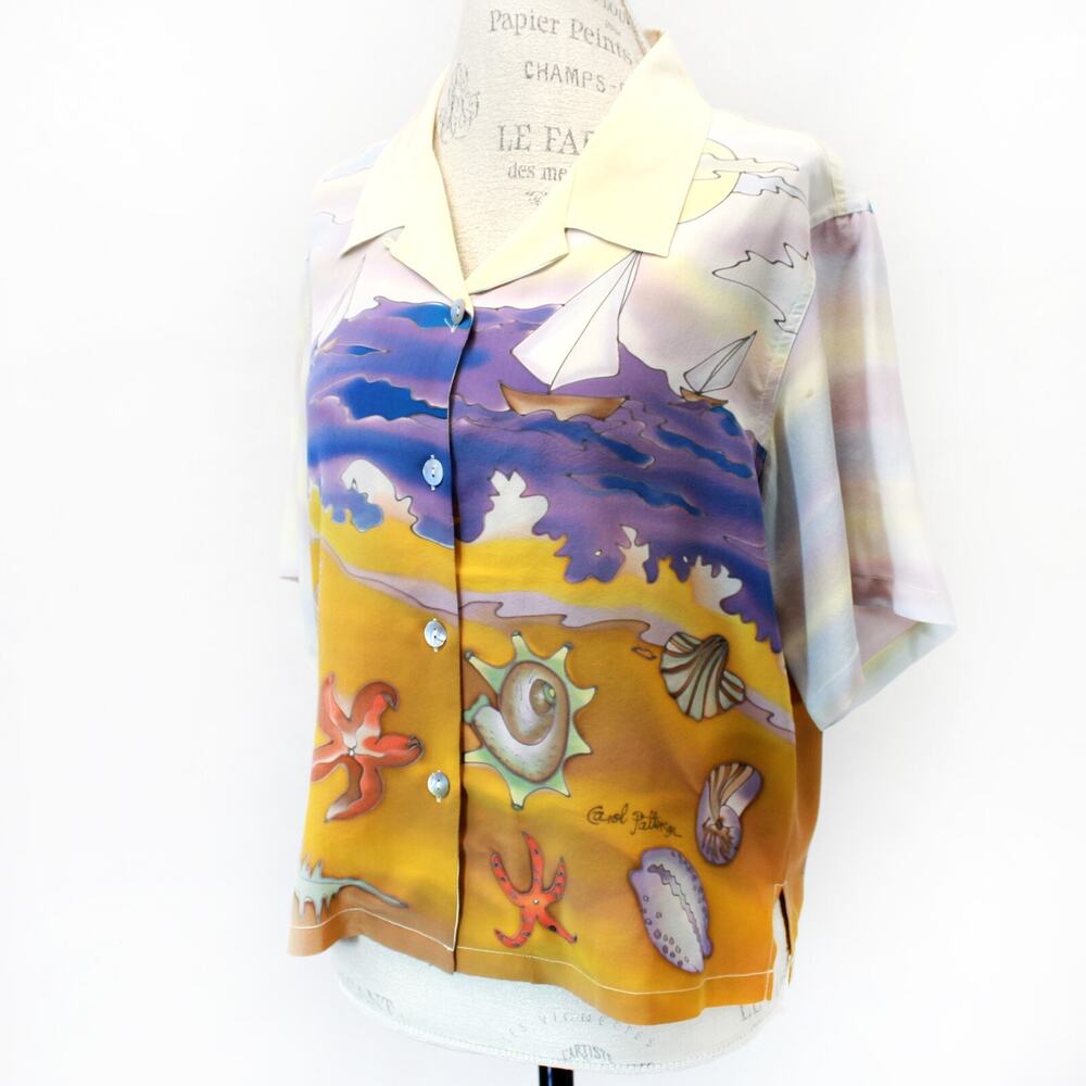 Vintage Carol Patterson Art to Wear hand painted silk sea life silk blouse Med